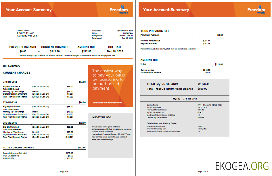 Canada Freedom Mobile utility bill template in Word and PDF formats, 2 pages